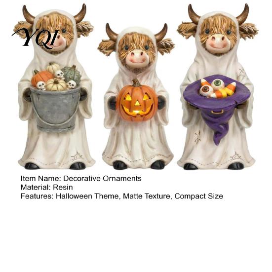 Holiday Desk Display 3Pcs Halloween Ghost Highland Cow Figurines, Resin Yak Statues with Pumpkin, Farmhouse Dark Aesthetic Gift Tabletop Ornaments for
