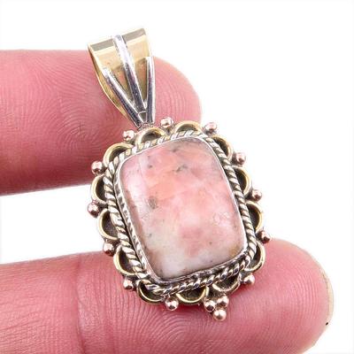 Natural Rhodonite Gemstone 925 Solid Sterling Silver Two Tone Pendant 1.5" o2O47
