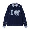 Vintage American Style Sheep Embroidery Patchwork Fake Two-Piece Collared Hoodless Sweatshirt Unisex Loose Fit Casual Top
