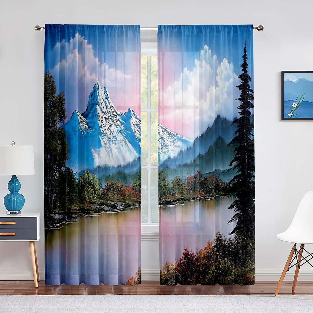 Pictură Artă Râu Pădure de Munte Perdele Tulle pentru Decor Living Dormitor Șifon Transparent Voal Pur Cortină de Fereastră