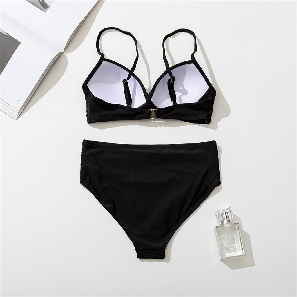 Women's Two Piece High Waist Bikini Set Padded Wireless Swimsuit Solid Color Adjustable Straps Swimwear Beachwear