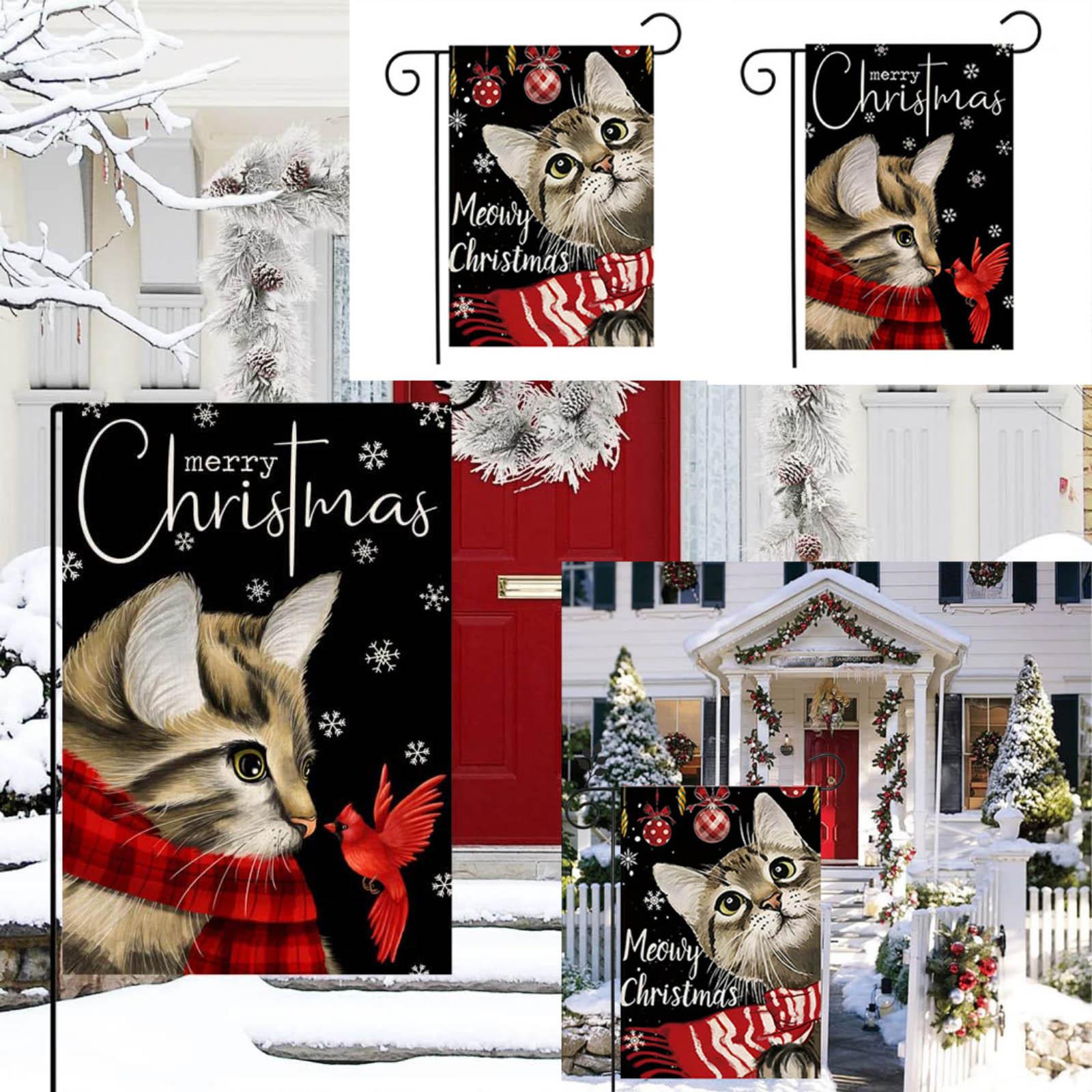 

Christmas Cat Garden Flag 12x18 Vertical Double Sided Merry Christmas Bird Farm-house Winter Holiday Outside Decorations Black Bur-lap Yard Flag