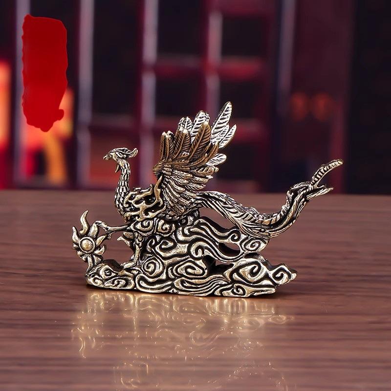 1Pcs Phoenix Blessing Display Figurine Pure Brass Desktop Ornaments Small Decorative Item Tea Ceremony Good Luck Craft Gift