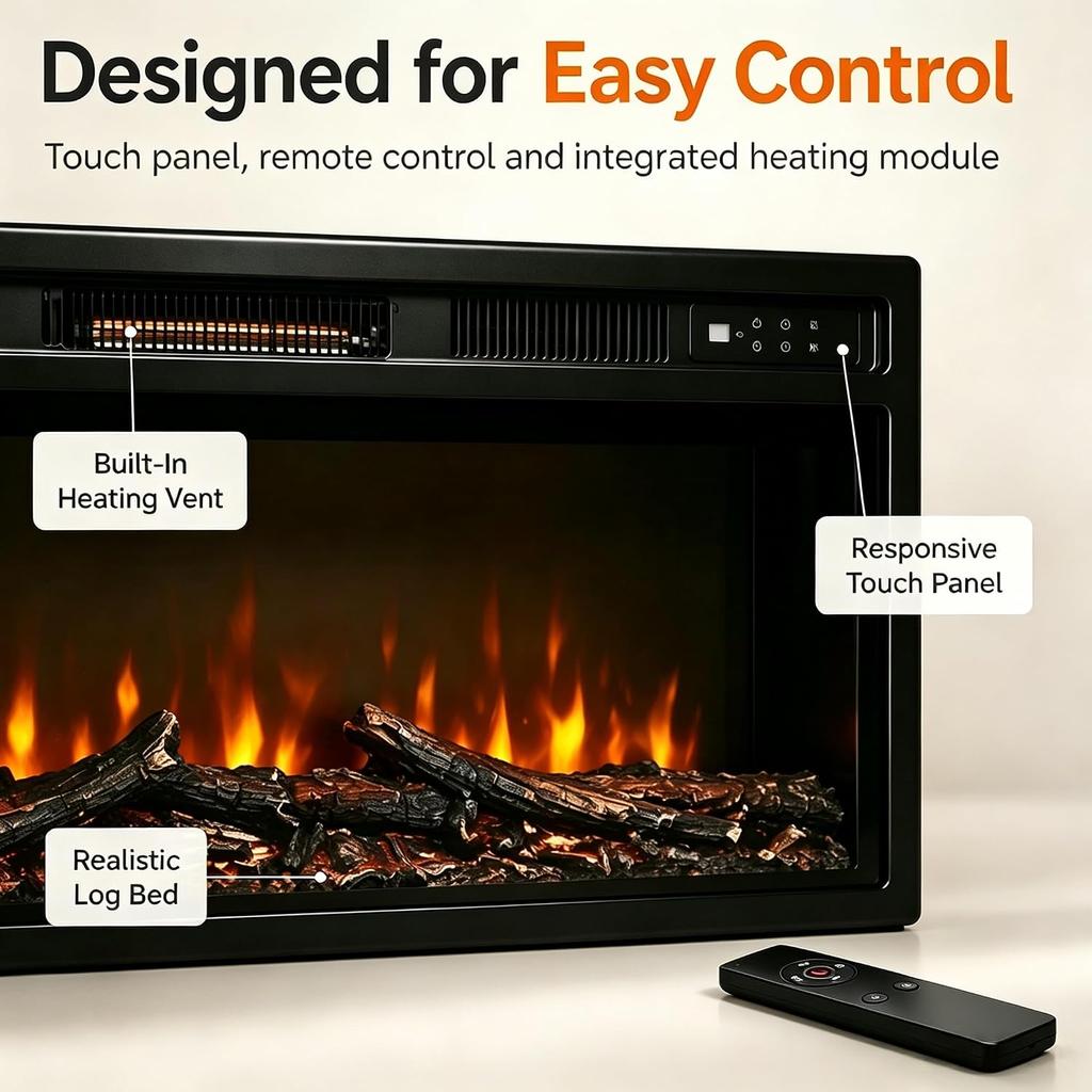 YODOLLA Recessed Electric Fire 37.2 Inch, 1500W Slim Fireplace Insert