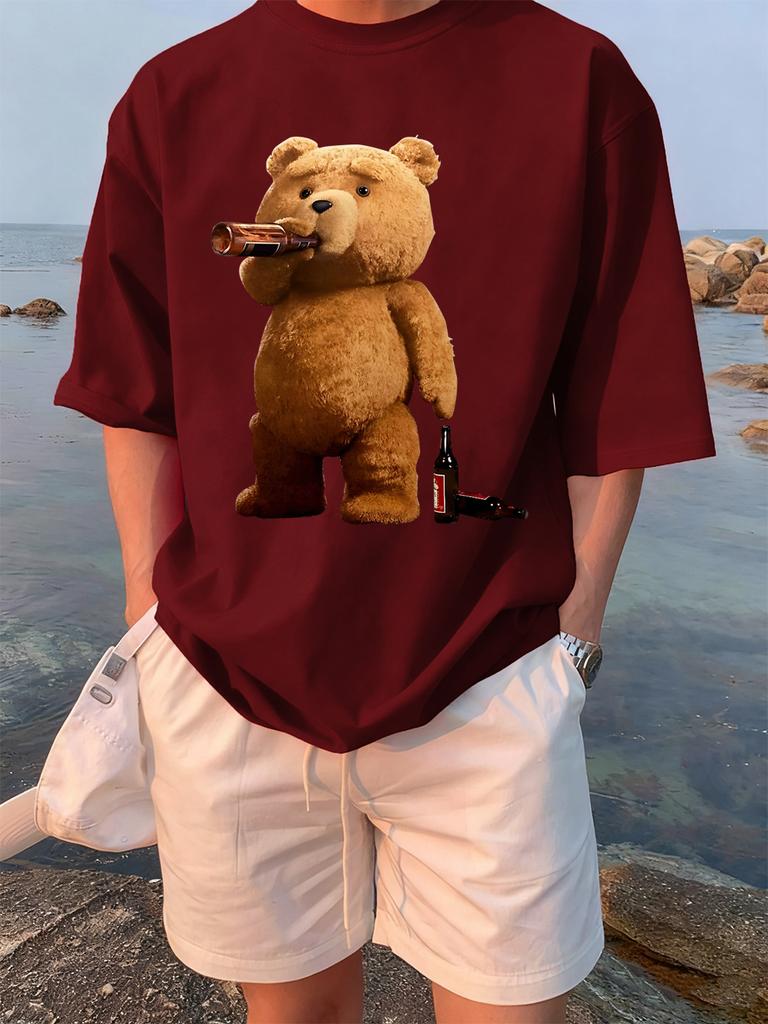 The Melancholic Bear Drinking Printing TShirt Women Cotton Summer T Shirt Comfortable Loose ONeck Tops Street Woman Clothes