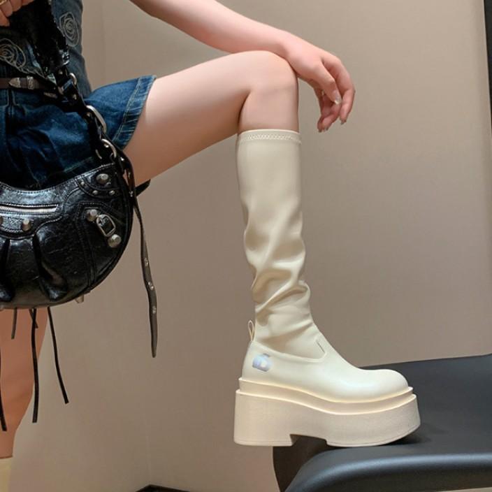 Spot Second Hair! Small Elastic Thin Boots Spice Girl High Boots Thick-soled Short Boots Women's Thin and High Autumn and Winter Boots