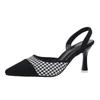 Celebrity Design High Heels Women's 2025 New One-word Strap Black Thousand Bird Grid Back Strap Bag Head Stiletto Sandals