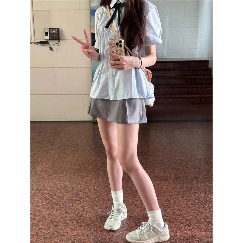 Női Nyári Kék Rövid Ujjú fodros Babydoll Póló - Koreai Főiskolai Stílusú JK Egyenruha