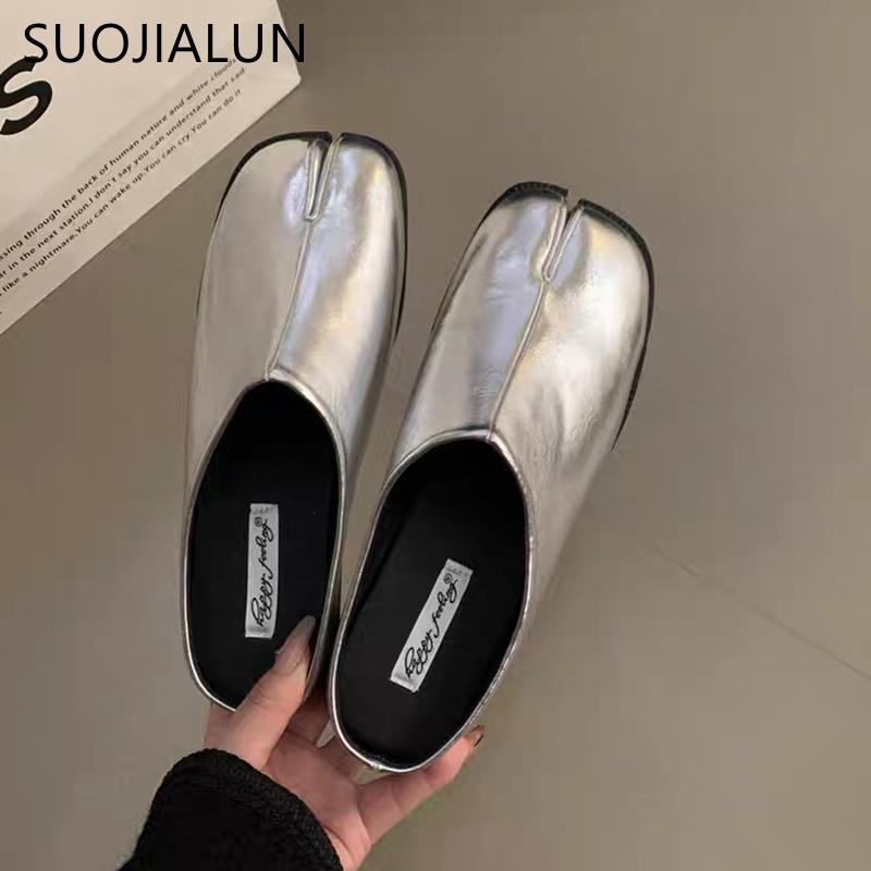 Fashion SUOJIALUN Autumn Women Flat Slipper Fashion Split Toe Slip On Mules Shoes Ladies Casual Soft Flat Heel Outdoor Slides Sandal Sho