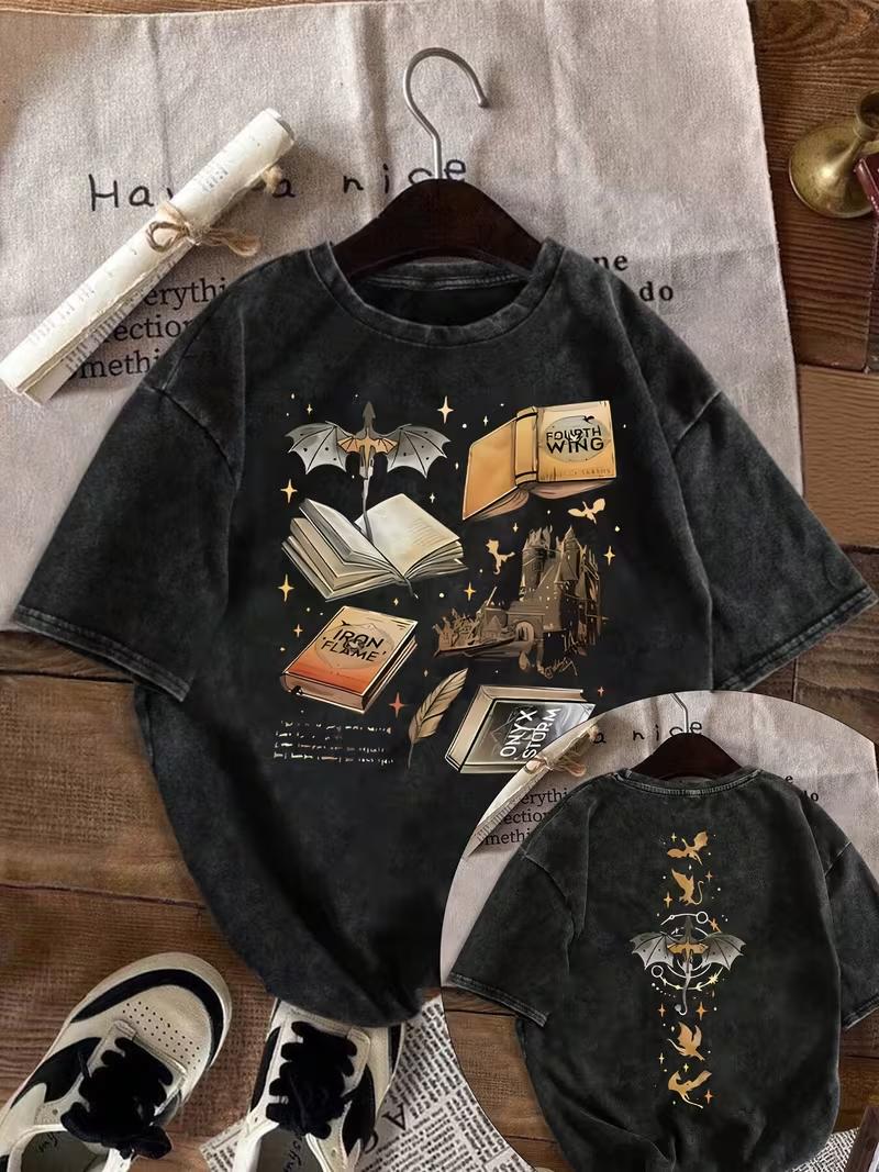 Dragon Wings Mythical Rider Graphic Washed Retro Reversible T Shirt Oversized Casual Loose Streetwear Daily Wear Casual T Shirt S