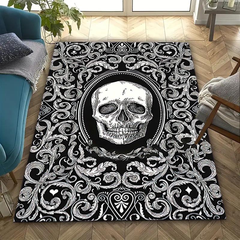 1PC Skull Dark Gothic Pattern Printed Carpet Rug for Living Room Bedroom Home Sofa Decoration,Non-slip Floor Mat Floor Mat
