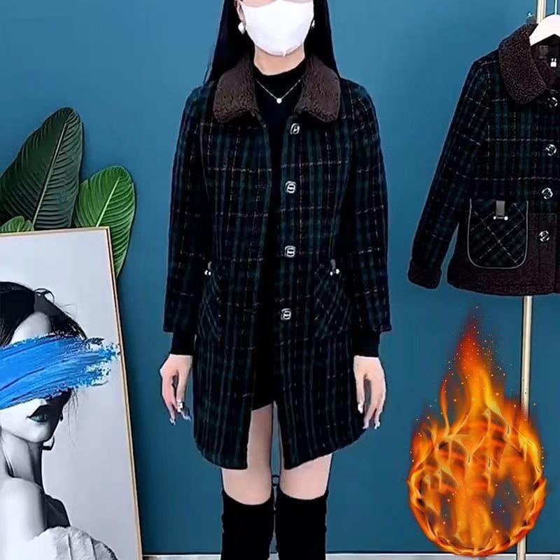 Elegant Thickened Fleece Lined Medium-length Autumn Winter Jacket for Women Fashionable Slimming High-end Mother's Attire
