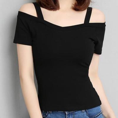 Summer Off Shoulder Sling Short Sleeve Women T-shirt Summer Solid Color Slim Pullover Top Streetwear
