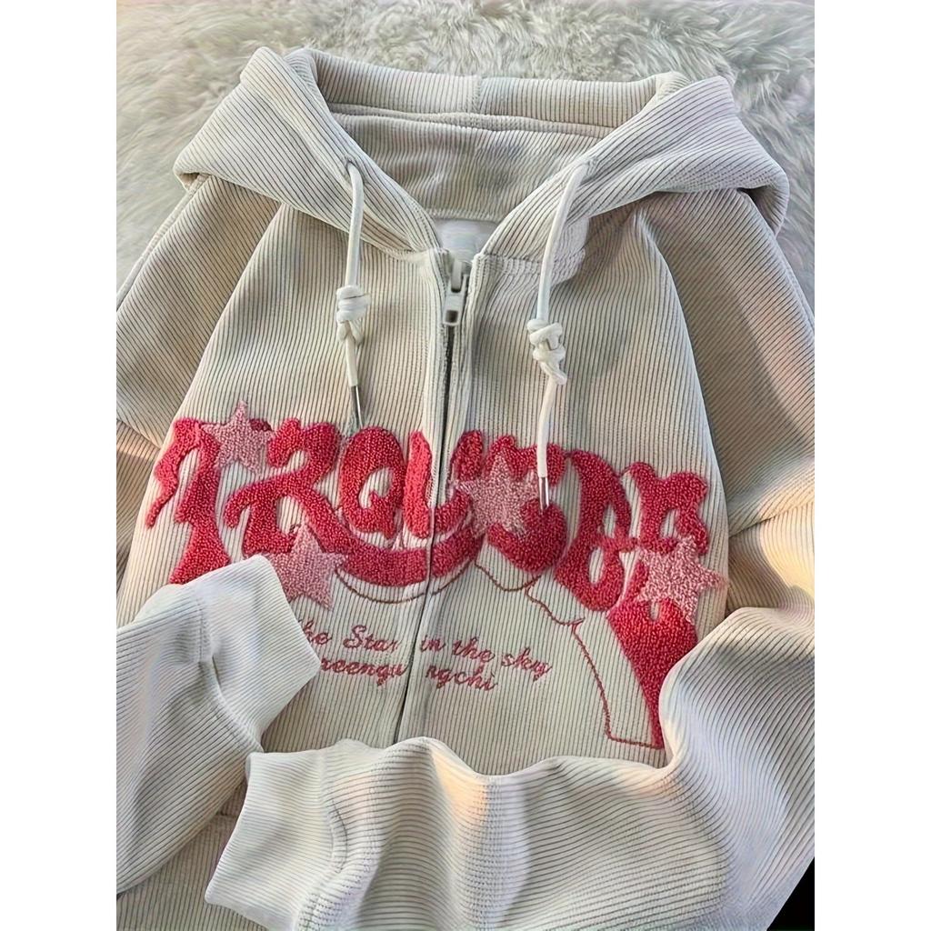 Star Corduroy Cardigan Jacket, Women's Spring and Autumn Loose Trendy Brand Street Hoodie