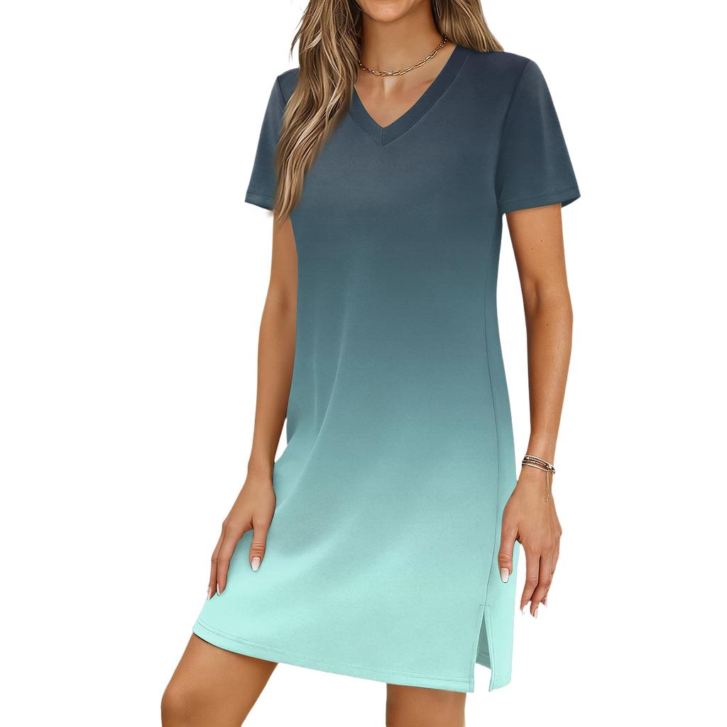 Women's Casual V-neck Short Sleeve Split Hem Gradient Dress