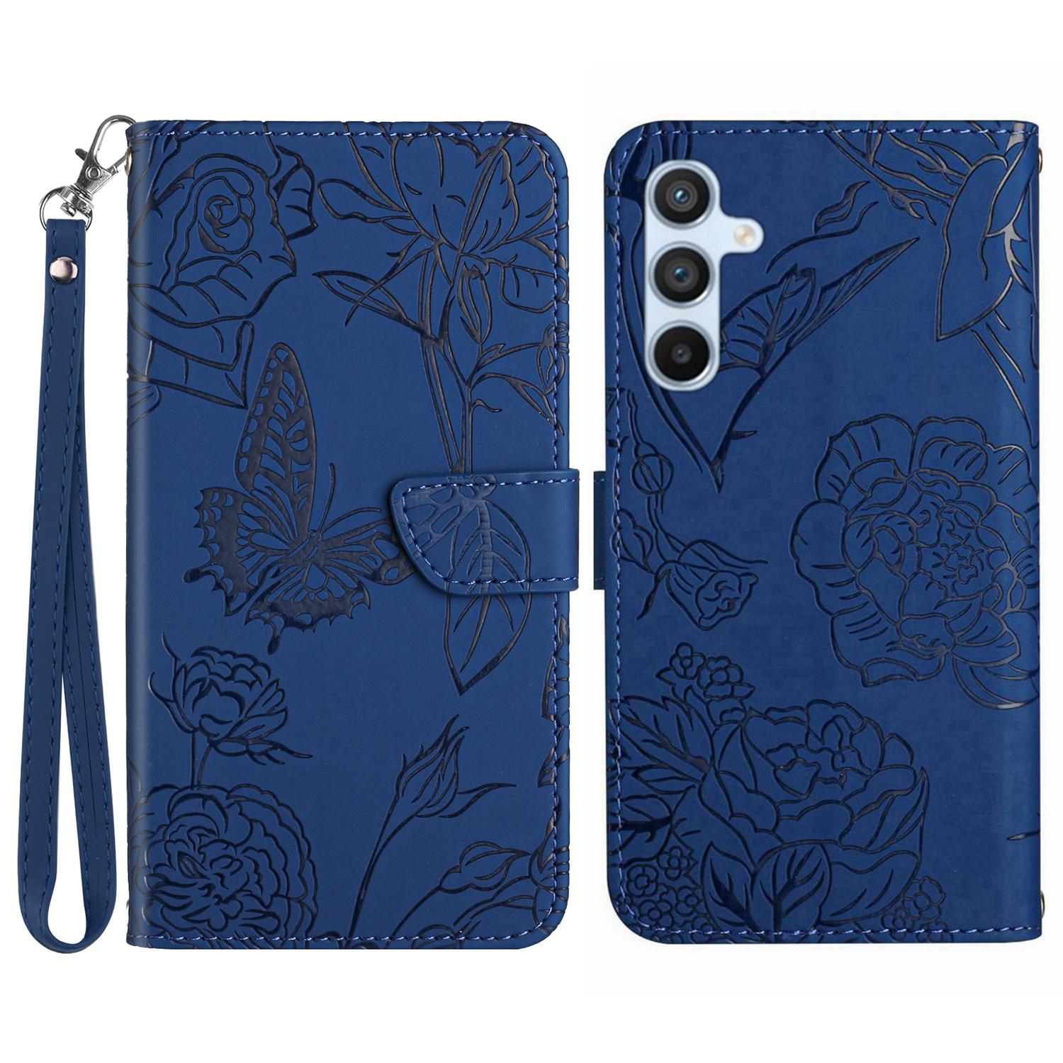 

For Samsung Galaxy A56 5G/M56 5G Case Leather Phone Cover with Strap,Butterfly Flower Imprint Blue
