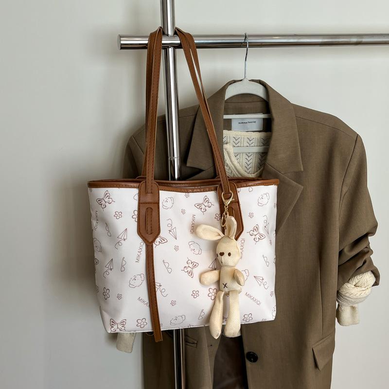 Women's Cute Rabbit Pendant Shoulder Bag PU Tote with Cartoon Print & Zipper for Daily Commute & Shopping Storage Bag