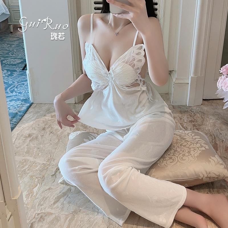 Women's Velvet Butterfly Print Lace Padded Backless Robe Lounge Set