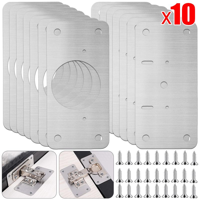 10-teiliges Scharnier-Reparaturplatten-Set, Edelstahl-Montageplatten für Schranktürscharniere mit Schrauben, Befestigungswerkzeuge für Haushaltsbeschläge