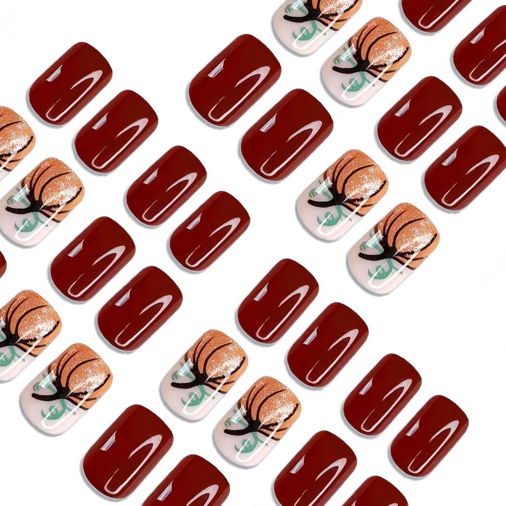 24Pcs Pumpkin Press on Nails Short Square Thanksgiving Fake Nails with Glitter Sequins Full Cover Fall Pumpkin False Nails Sparkly Autumn Acrylic