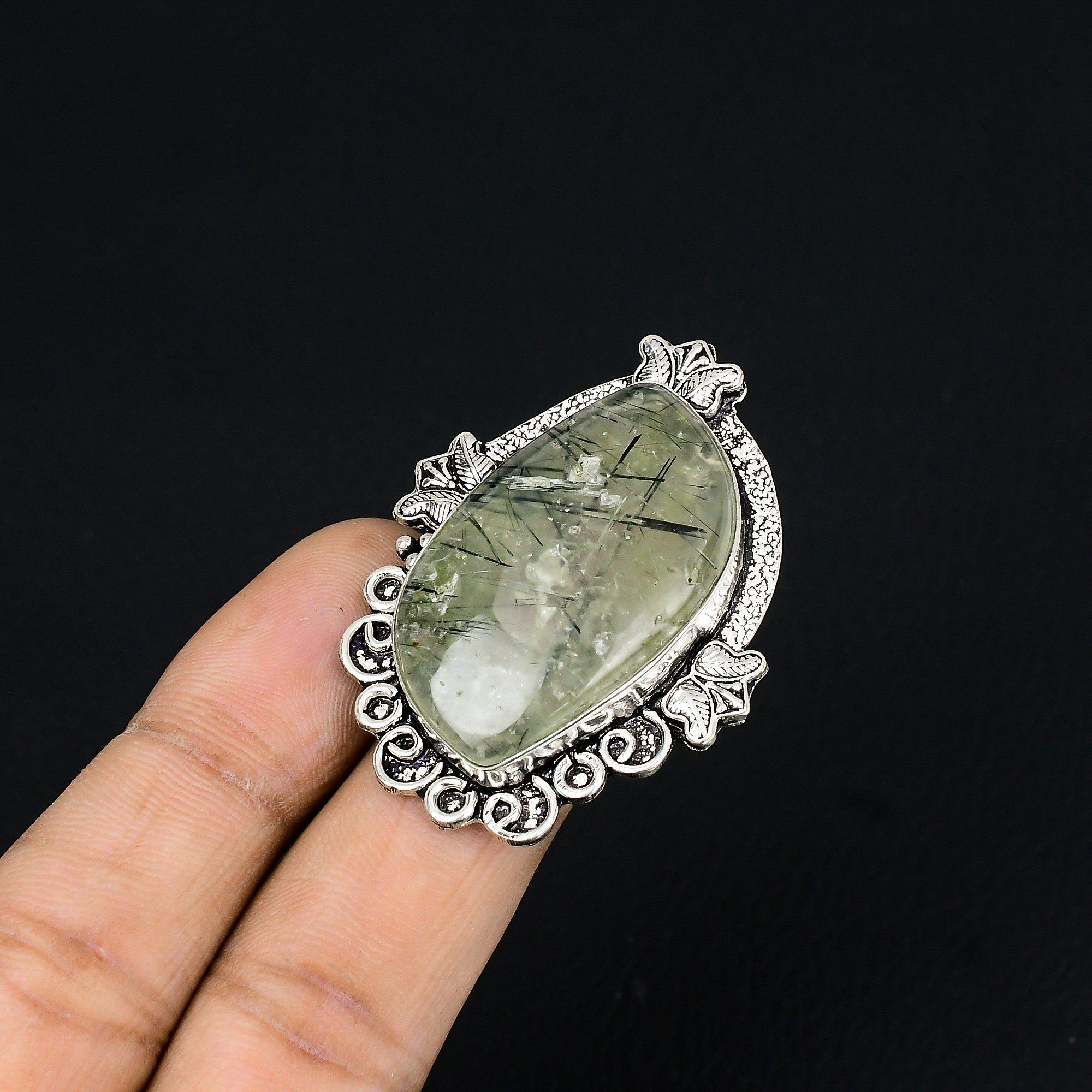 Friendship Day Sale 925 Silver Moss Prehnite Stone Solitaire Ring Jewelry US 8 8