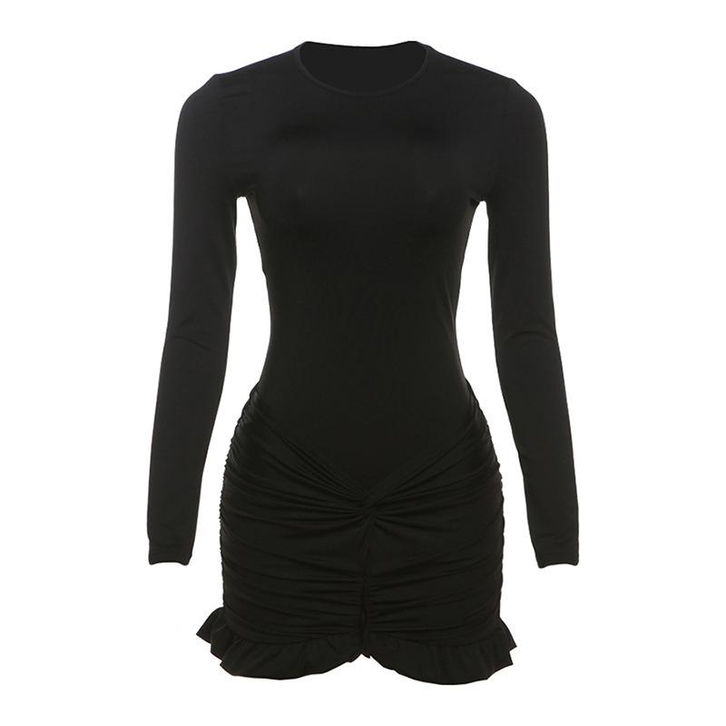 

Осеннее женское модное сексуальное платье с круглым вырезом и длинным рукавом, облегающее, с сумкой на бедрах, однотонное платье S чёрный