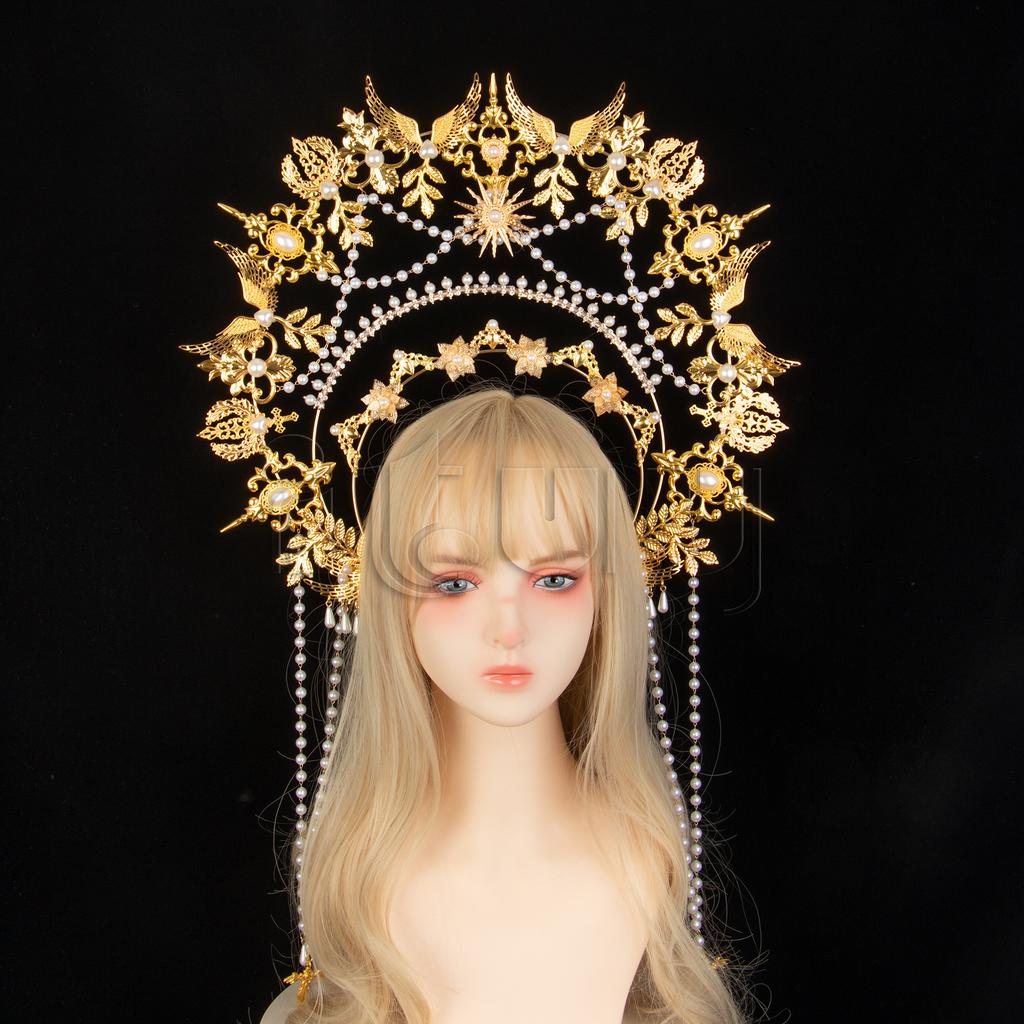 Exaggerated Oversized Sun Goddess Angel KC Halo Crown Queen Headpiece Gold Baroque Pearl Tiara Lolita Headband for Photo Prop