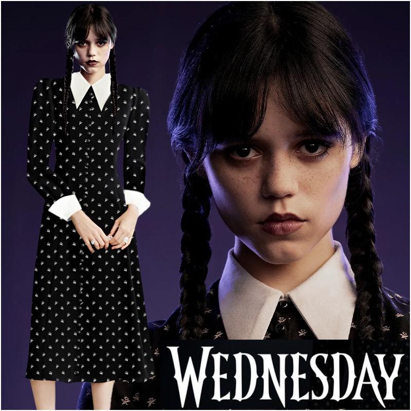 Die Addams Family Wednesday Cosplay Kostüm Schwarzes Kleid Halloween Party