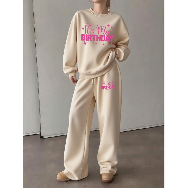 Women's Crewneck Sweatshirt and Drawstring Straight-Leg Pants 2-Piece Set, Birthday Print Casual Lounge Set, Loose & Comfortable Fit
