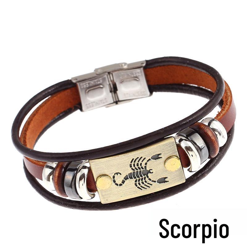 Twelve Constellations Cowhide Bracelet with Stainless Steel Buckle - Genuine Leather