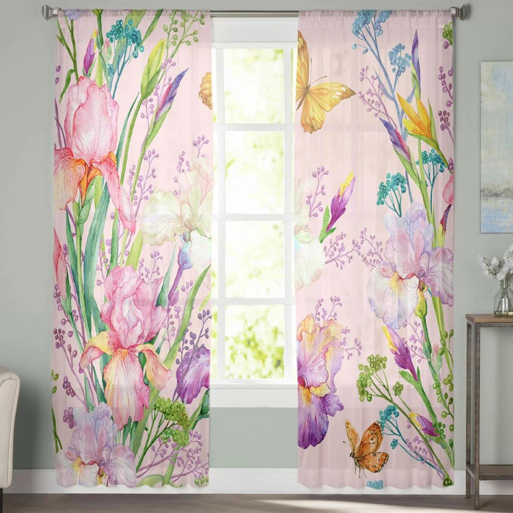 Flower Butterfly Leaf Printed Tulle Curtains Modern Sheer for Bedroom Balcony Window Decor Creative Home Fashion
