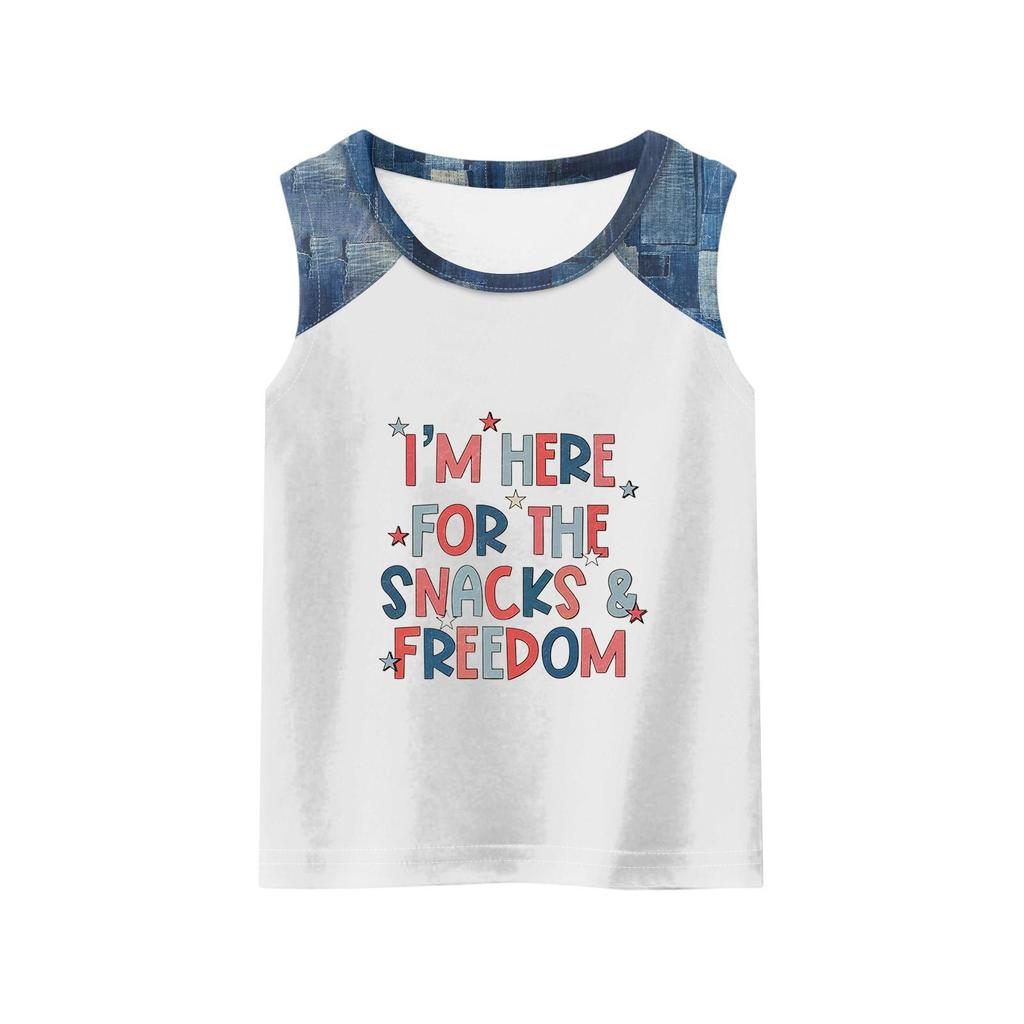 Girls Sleeveless Tank Top Loose Fit Round Neck T Shirt Independence Day Denim Print Casual Summer Tee for Kids