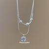 Zircon pearl beaded square pendant necklace light luxury niche double layer stacked collarbone chain light luxury high sense neck chain