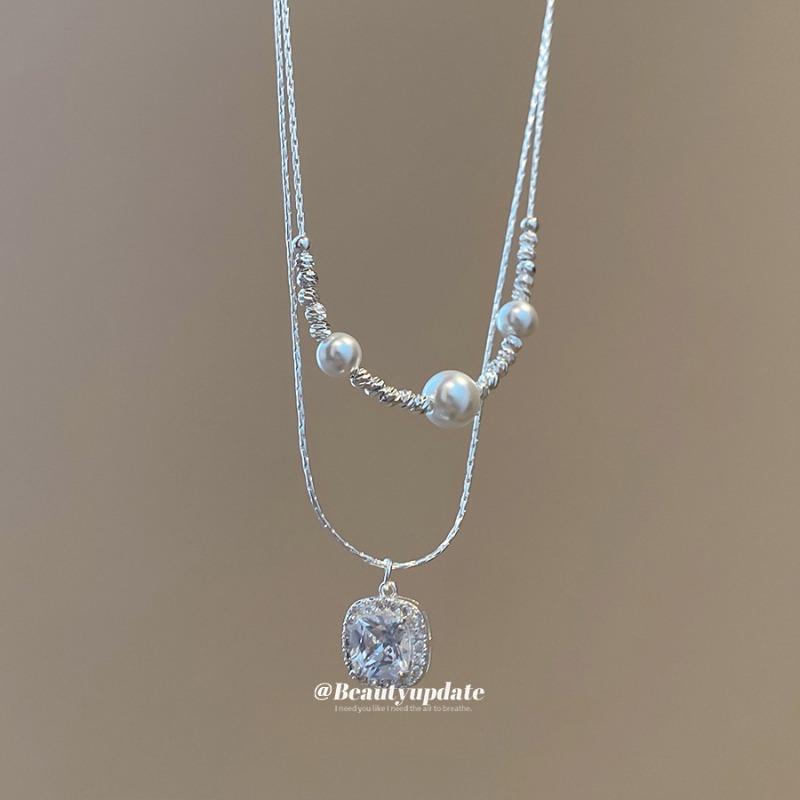 Zircon pearl beaded square pendant necklace light luxury niche double layer stacked collarbone chain light luxury high sense neck chain