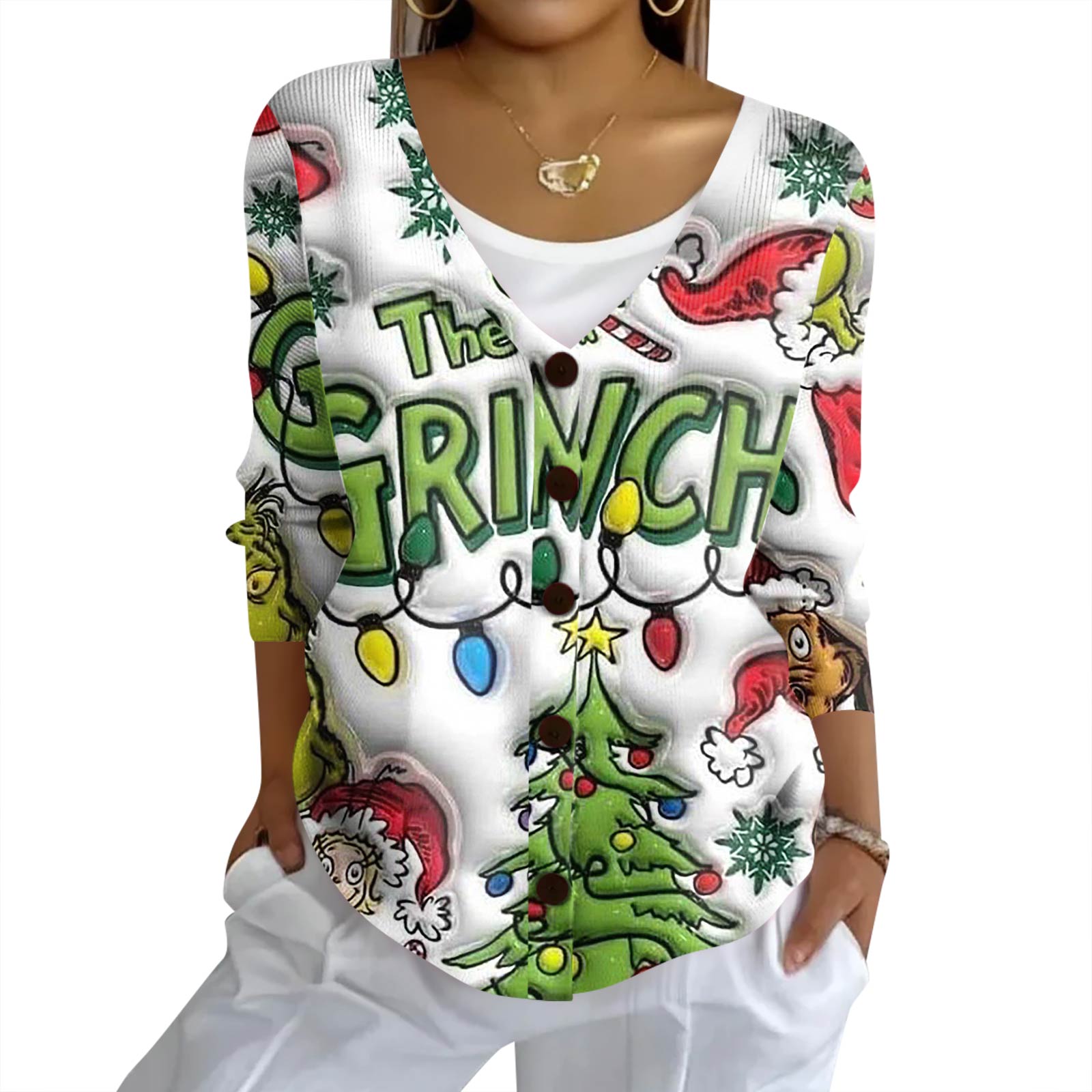 

Женский модный повседневный вязаный свитер на пуговицах, кардиган-жакет с рождественским принтом S белый