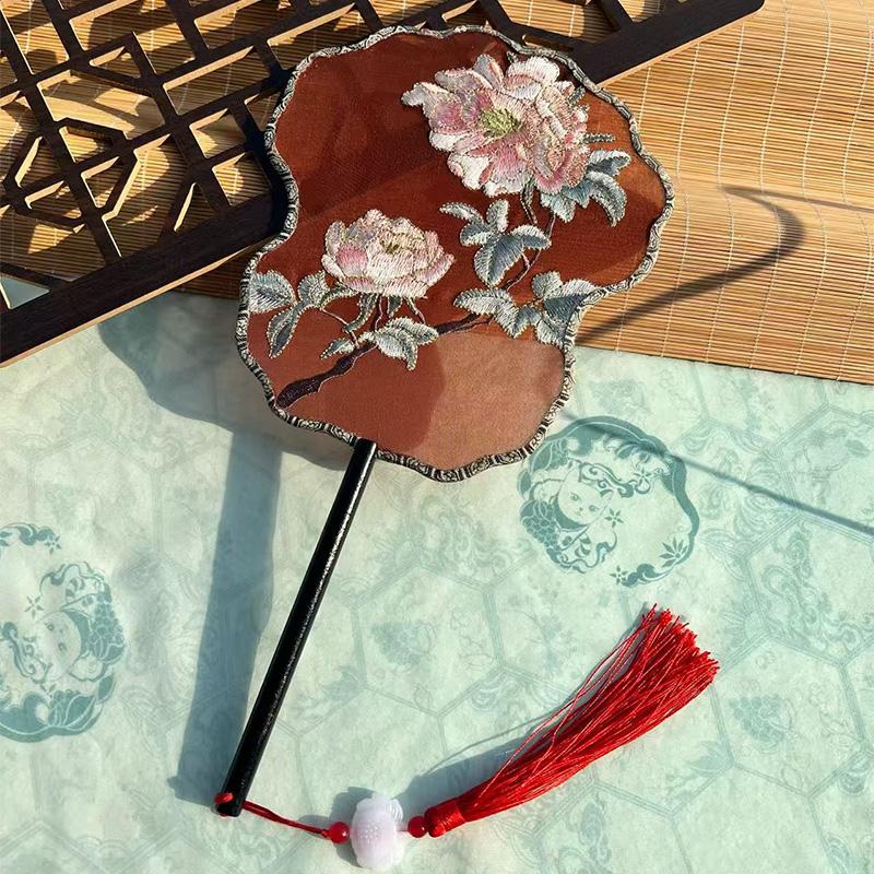 Chinese Style Hanfu Ancient Fan Dance Shooting Long Handled Embroidered Classical Double Sided Fan Female Decorative Fan