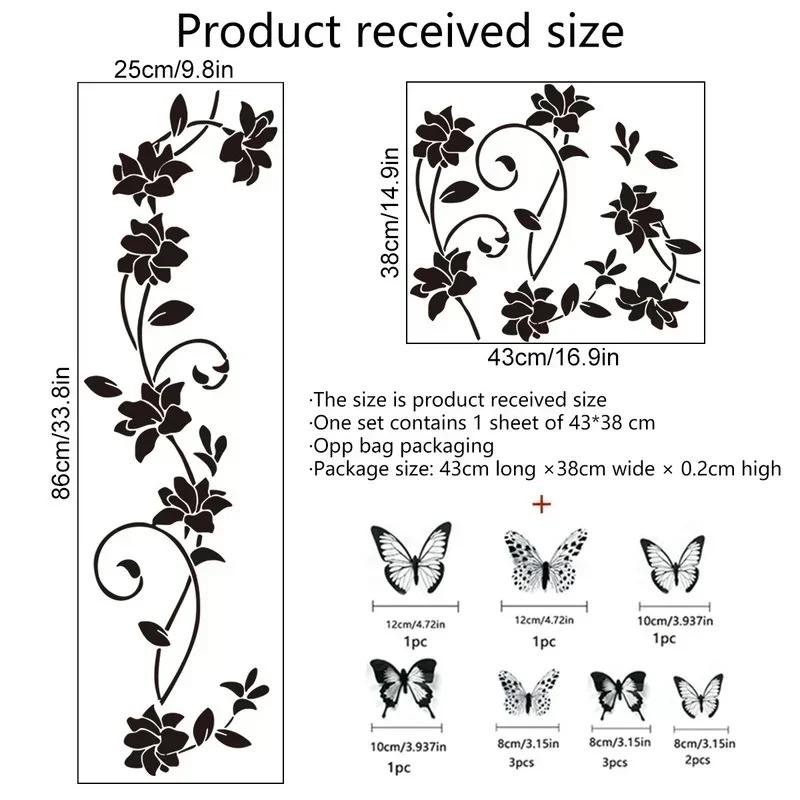 3D Butterfly Wall Sticker 38*43cm Black Flower Vine Living Room Background Room Wall Sticker Dark Style Home Decoration