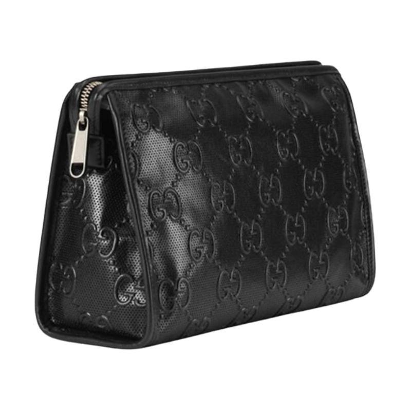 Gucci Presbyopia Logo Embossed Leather Cosmetic Bag, Toiletry Bag, Clutch, Same Style for Men and Women, Black