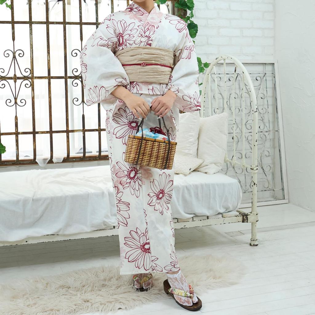 RAVIR Yukata White with an Adorable Red Daisy Includes a Fluffy Obi Belt and One Size Fits All Women's 3-Piece Set, Pattern, Sandals,