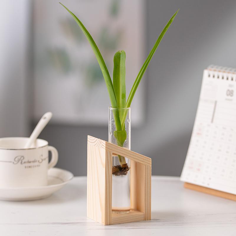 Hydroponic Plants Container with Wood Frame Transparent Glass Test Tube Vase Flower Pot Home Tabletop Bonsai Decorations Crafts