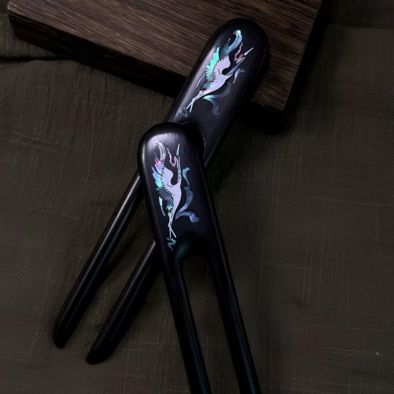 Elegant Black Ebony Mother-of-Pearl Crane Cloud Hairpin - Handmade, Intangible Cultural Heritage Accessory in Ancient Chinese Style