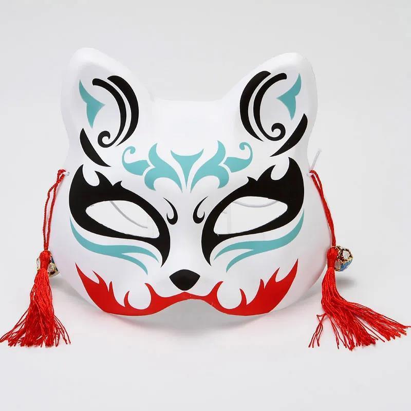 Hand-Painted Anime-Style Cat and Fox Half-Face Mask for Men and Women