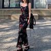 Low-Neck Off-Shoulder Slim-Fit Printed Camisole Dress, Waist-Cinching, Hip-Hugging, Summer Style for Women