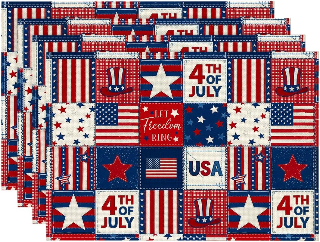 

Stripes Stars Patriotic 4th of July Placemats Set of 4, 12x18 Inch Patriotic Memorial Day Table Mats for Party Kitchen Dining Decoration 4pcs-12x18