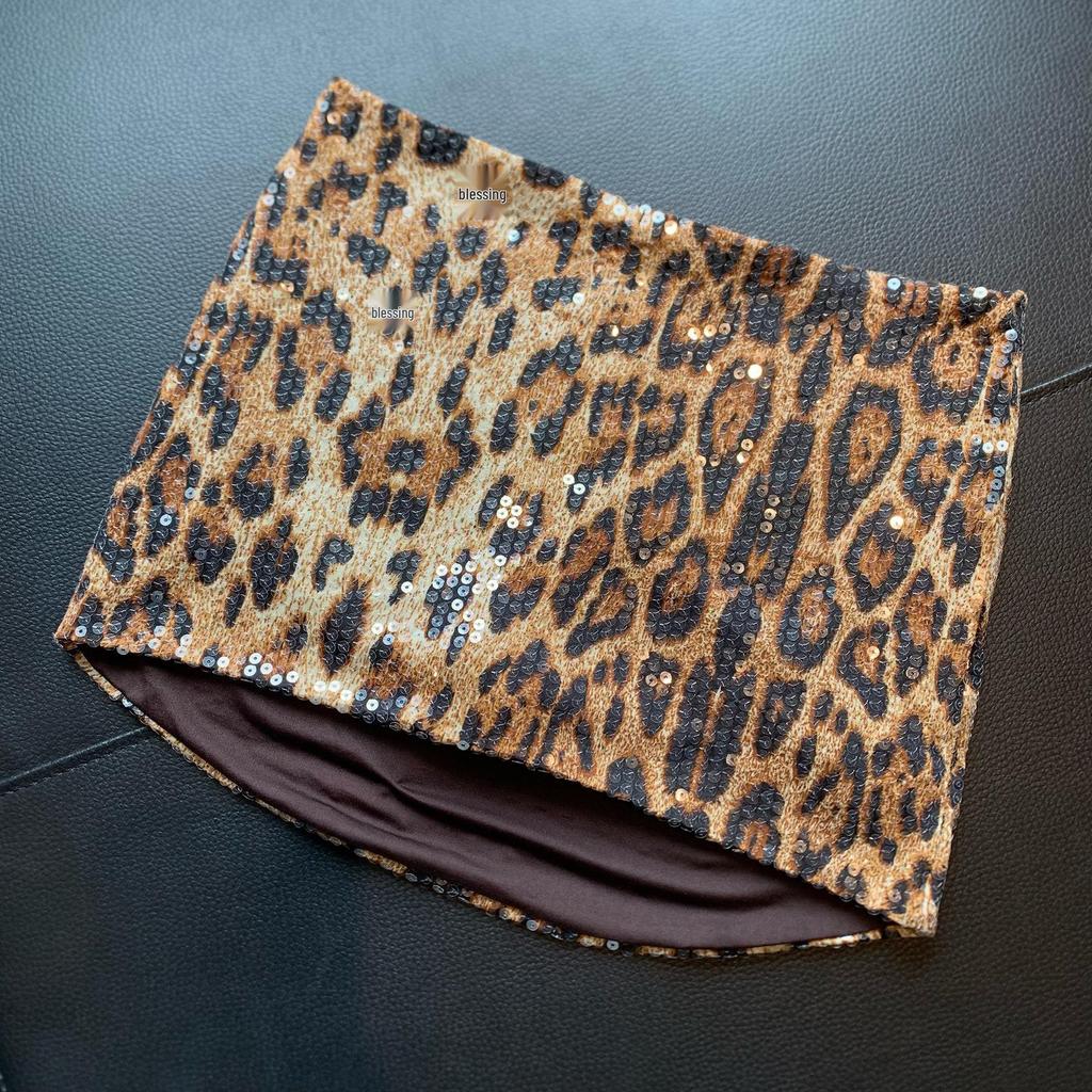 2024 Autumn Trendy Leopard Print Sequin Low Waist Short Skirt