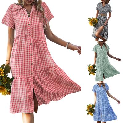 Women's Point Collar Short Sleeve Midi Dress Loose Mid Waist Gingham Tiered Shirt Dress For Summer Casual Wear