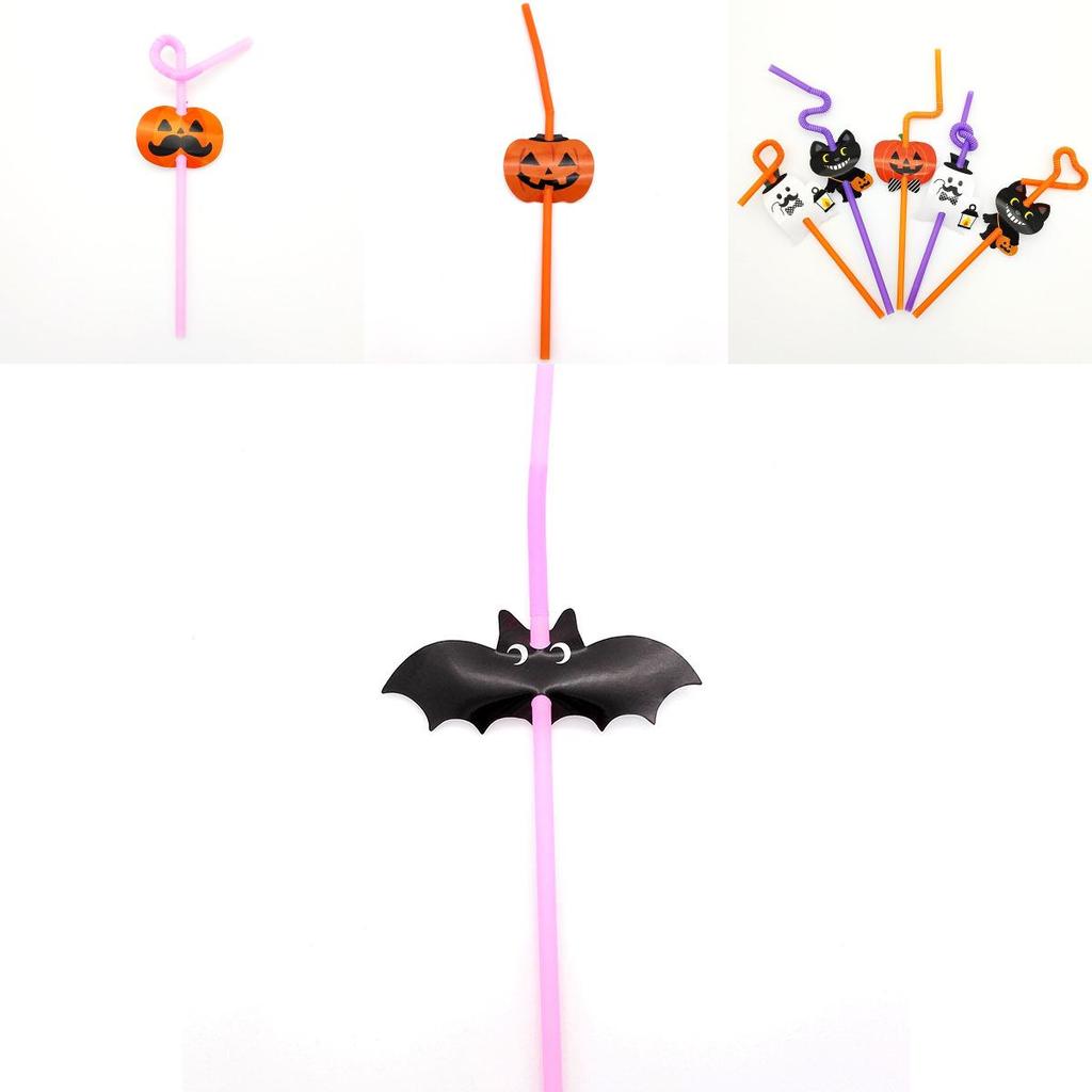 Halloween Fun Bendable Plastic Straws With Cute Pumpkin And Vampire Designs Pack Of 20 For Party Use