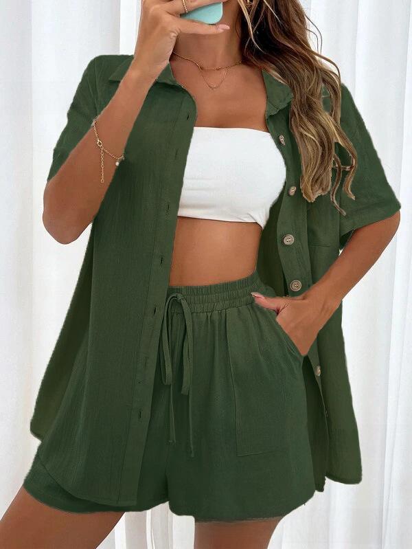 Women's Solid Color Short Sleeve Casual Shirt & Shorts Set - Loose & Stylish Two-Piece