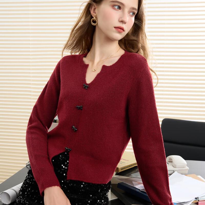 Sancai 2025 Autumn Miu-Style Bow V-Neck Cropped Knit Pullover
