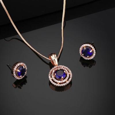 Rose Gold Round Pendant Set with CZ and Blue Stones for Women